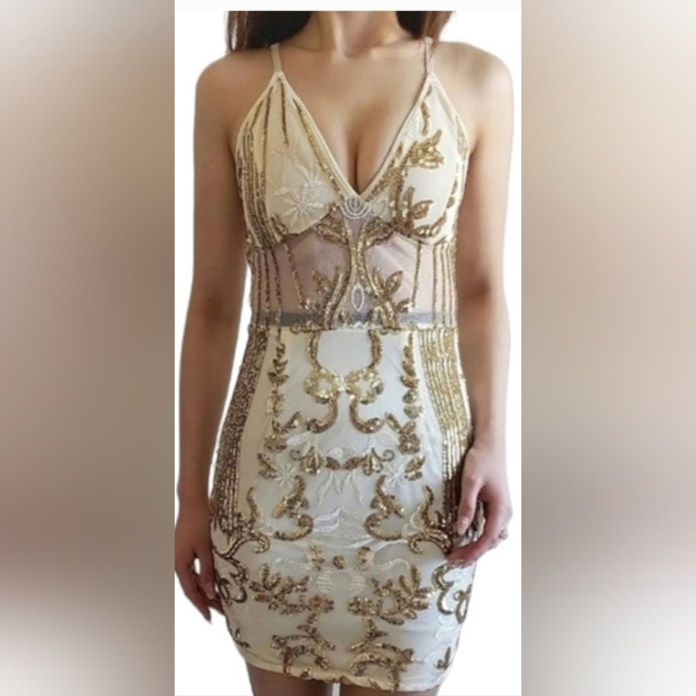 PrettyLittleThing Gold Strappy Sheer Panel Sequin Bodycon Dress, Size 8